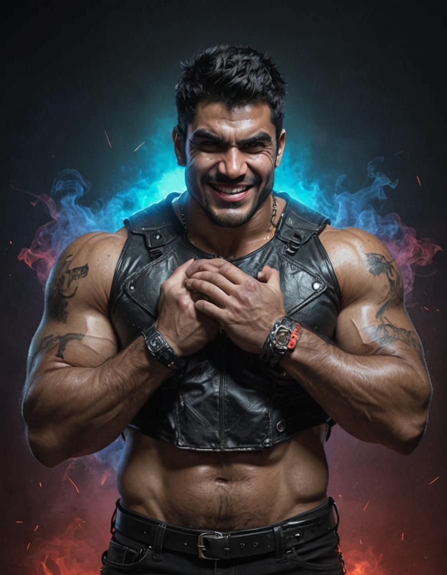 Beefy Latin Man with Wicked Smile in Surreal Scene