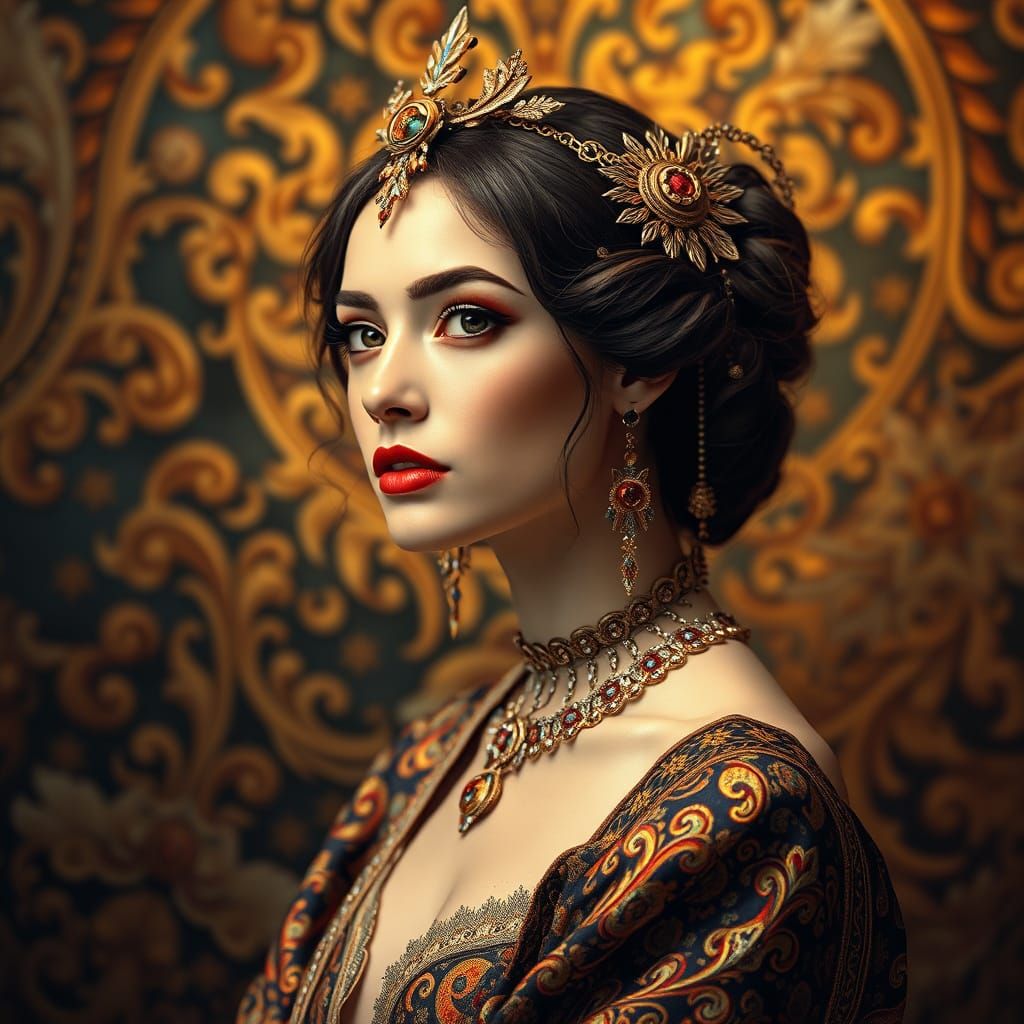 Gustav Klimt-Inspired Portrait of a Luxurious Lady