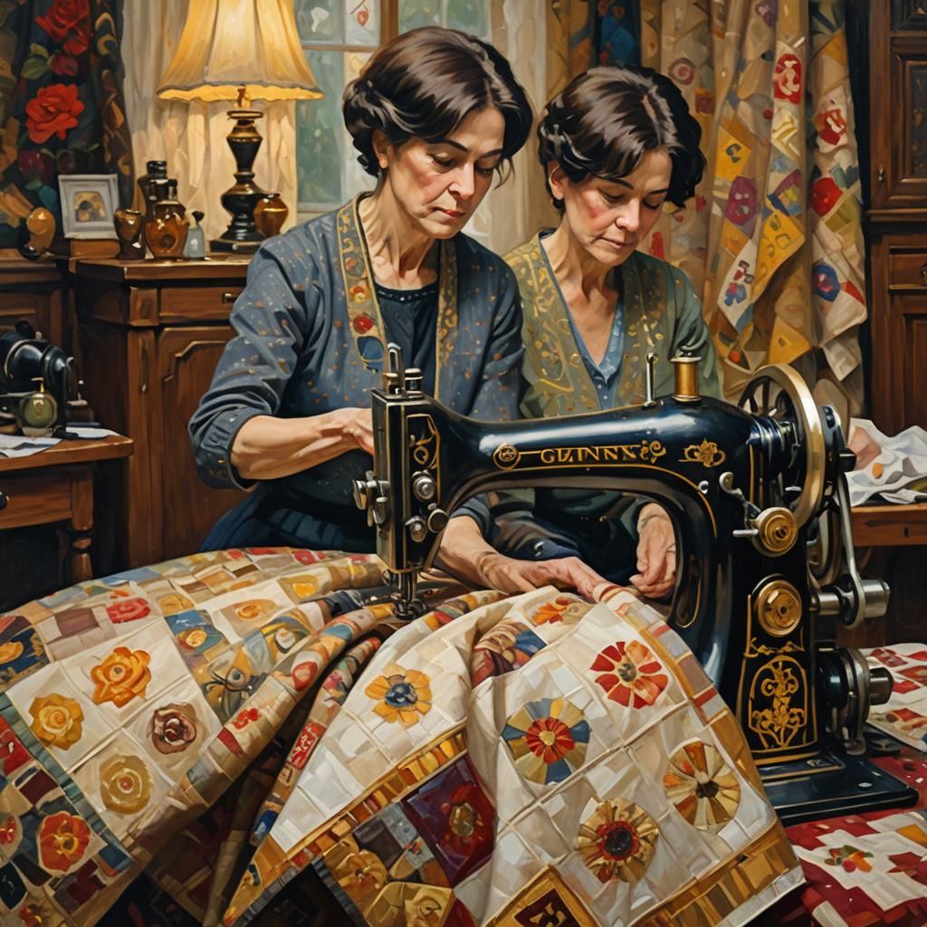 Klimt-Inspired Quilt in Victorian Room, as Impressionist Oil