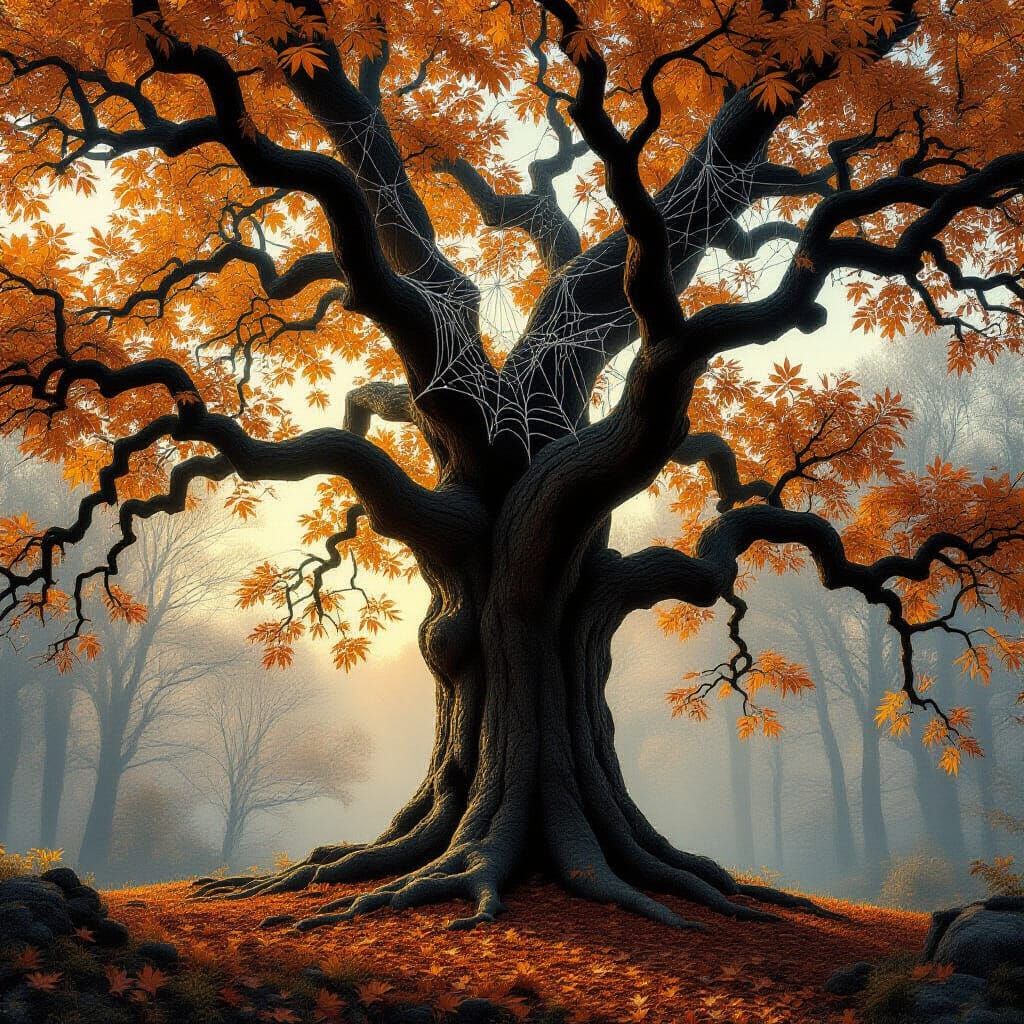 Ancient Oak Tree Covered in Spiderwebs in Autumn Forest