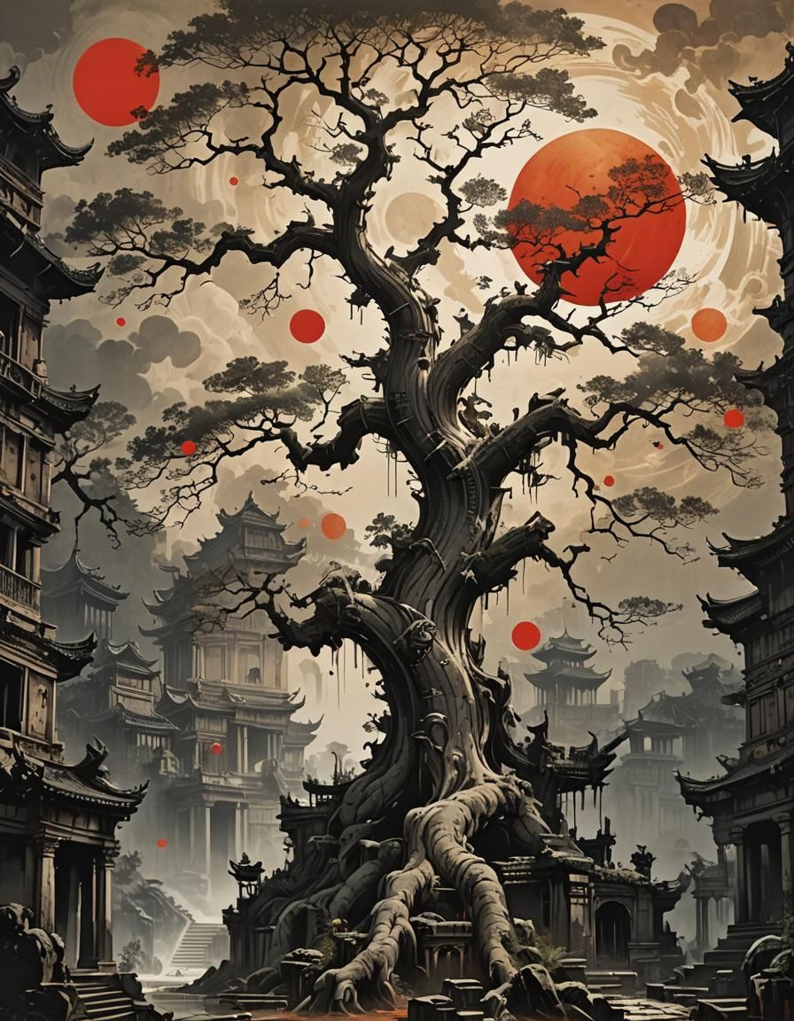 Piranesi-Inspired Ink Painting of Tree Under Red Sun