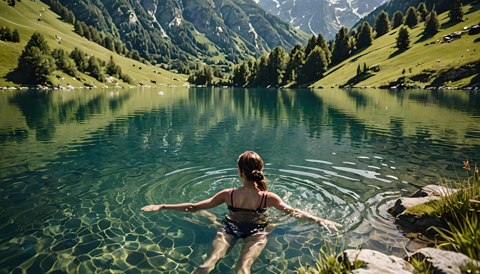 Girl Swimming in Clear Alpine Lake: Photography