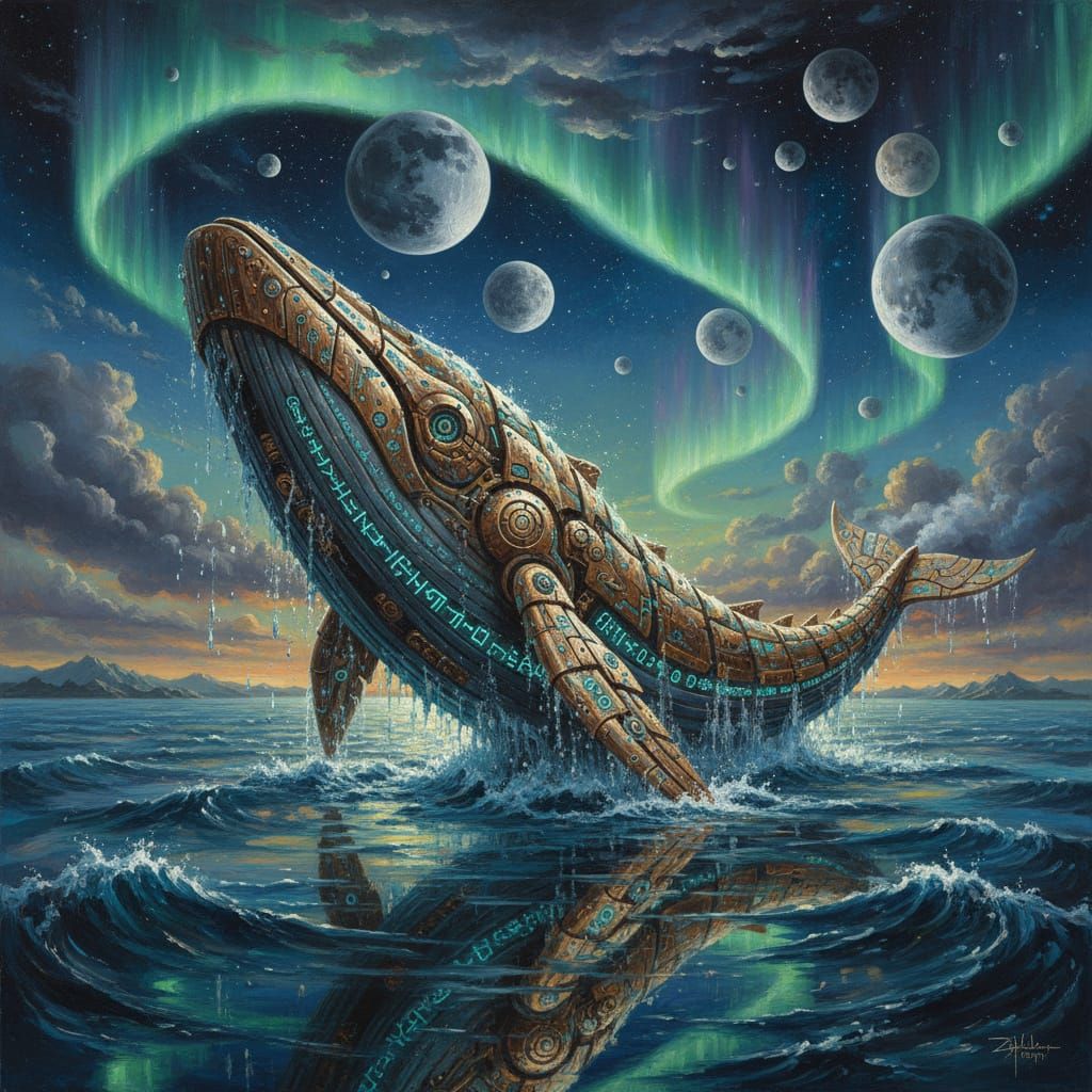 Clockwork Whale Breaching in Liquid Moonlight Sea