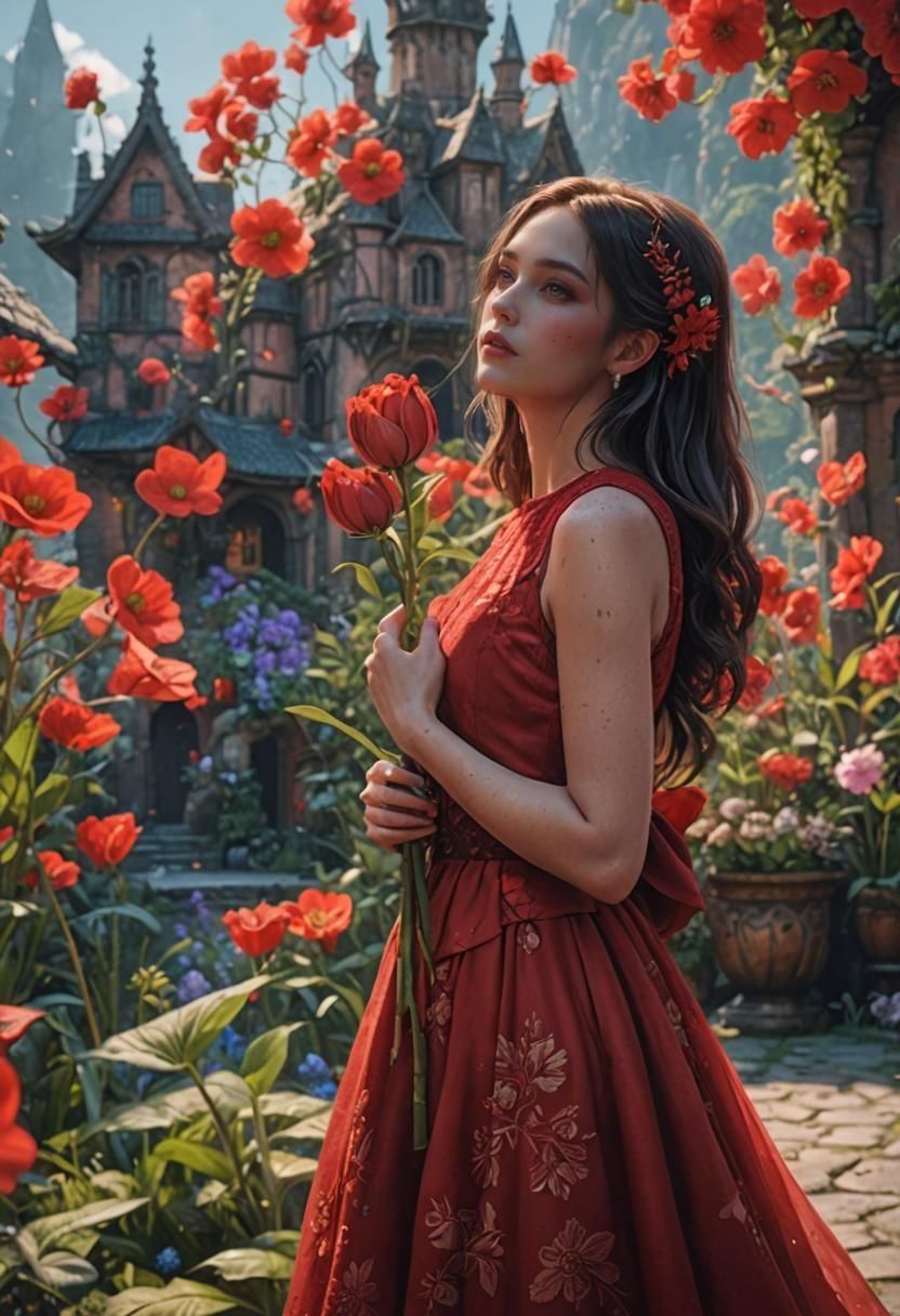 Girl in Red Dress with Flower, Detailed Matte Painting