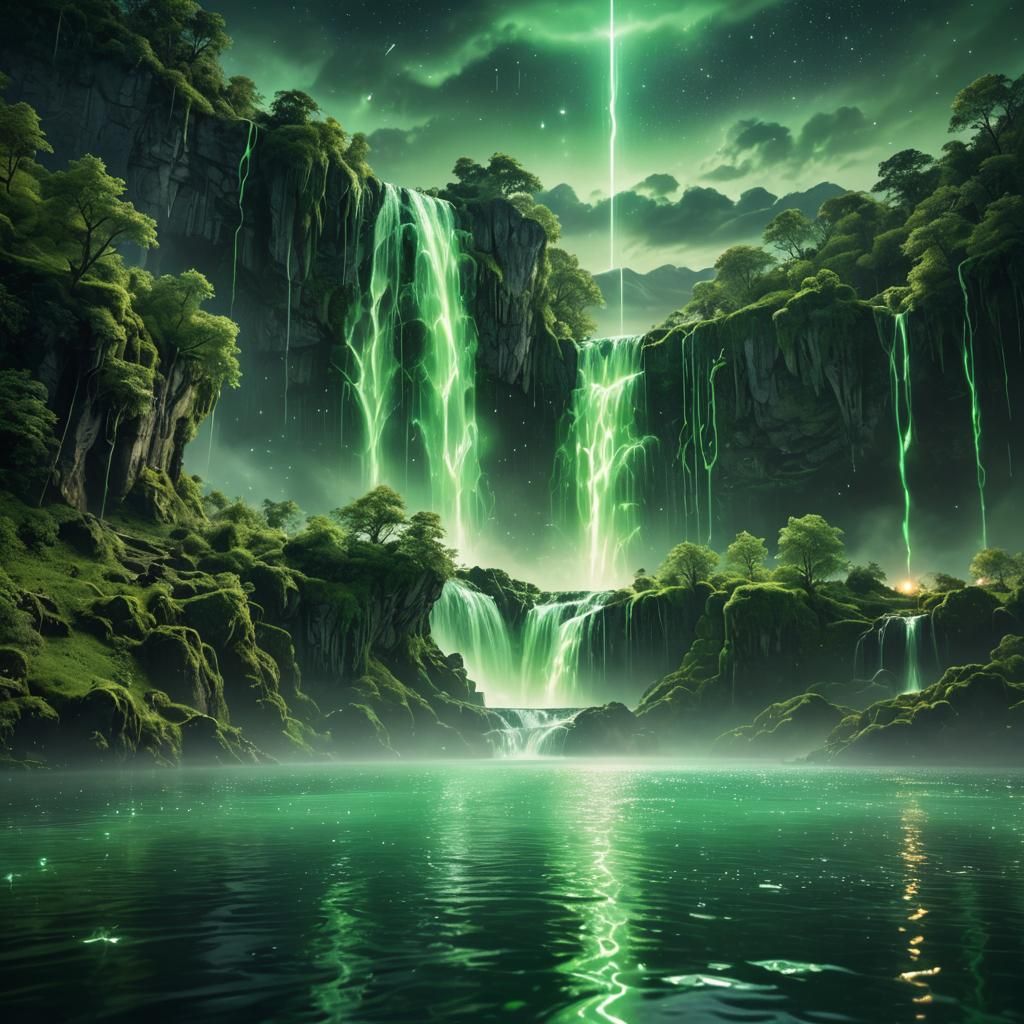 Luminescent Lake with Waterfall Digital Matte Painting
