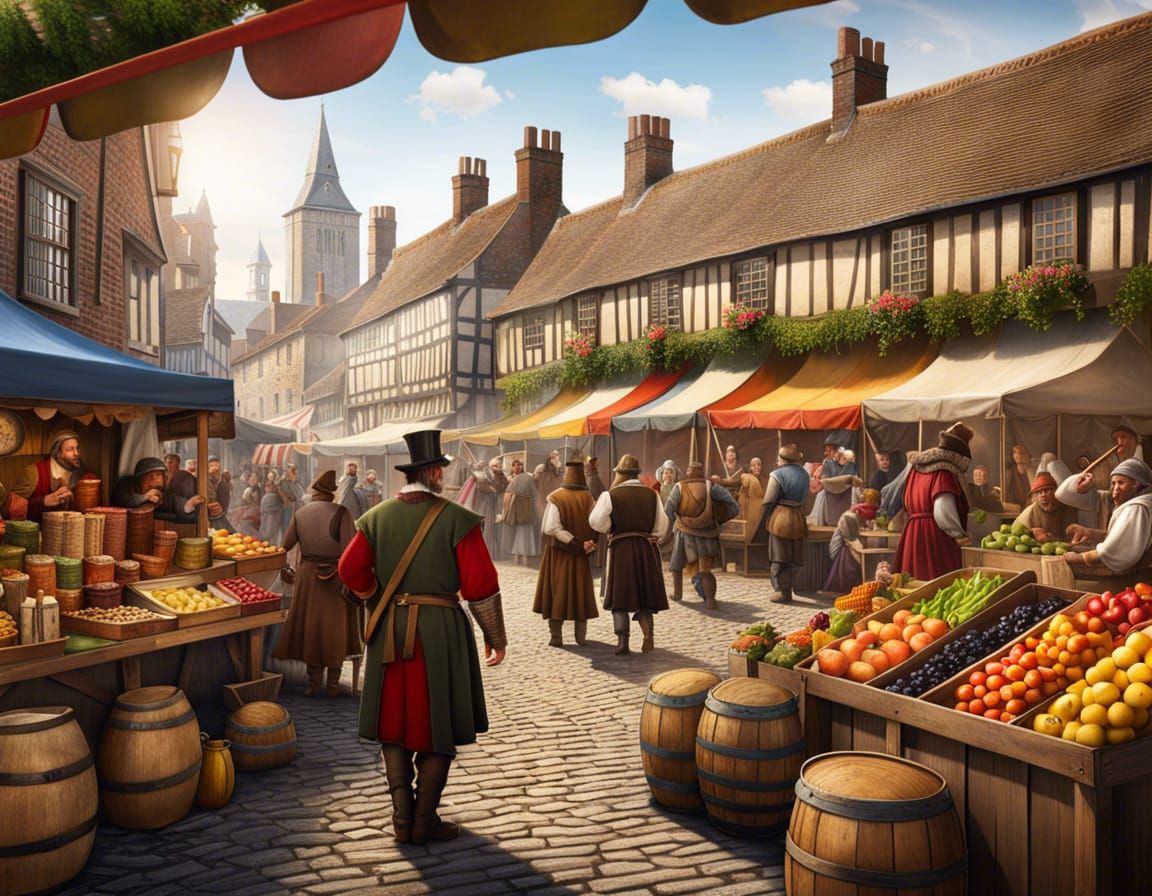 Colourful, inviting fruit welcomes us to a street market in London in the middle ages
