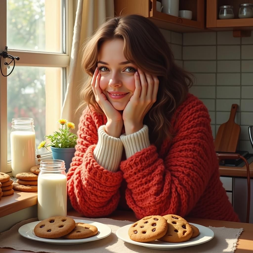Warm Kitchen Scene with Cookies and Milk