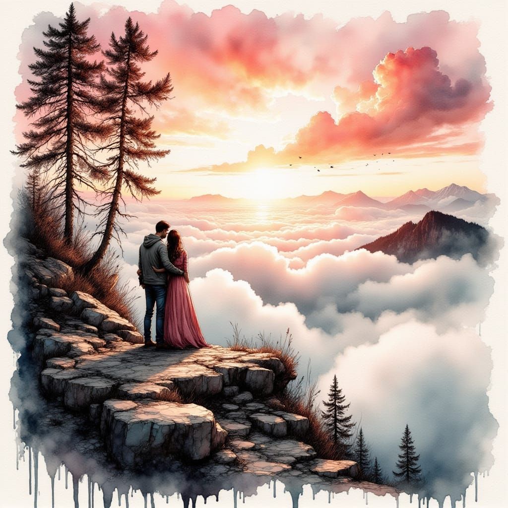 Couple Embracing on Misty Mountaintop in Warm Dawn Light