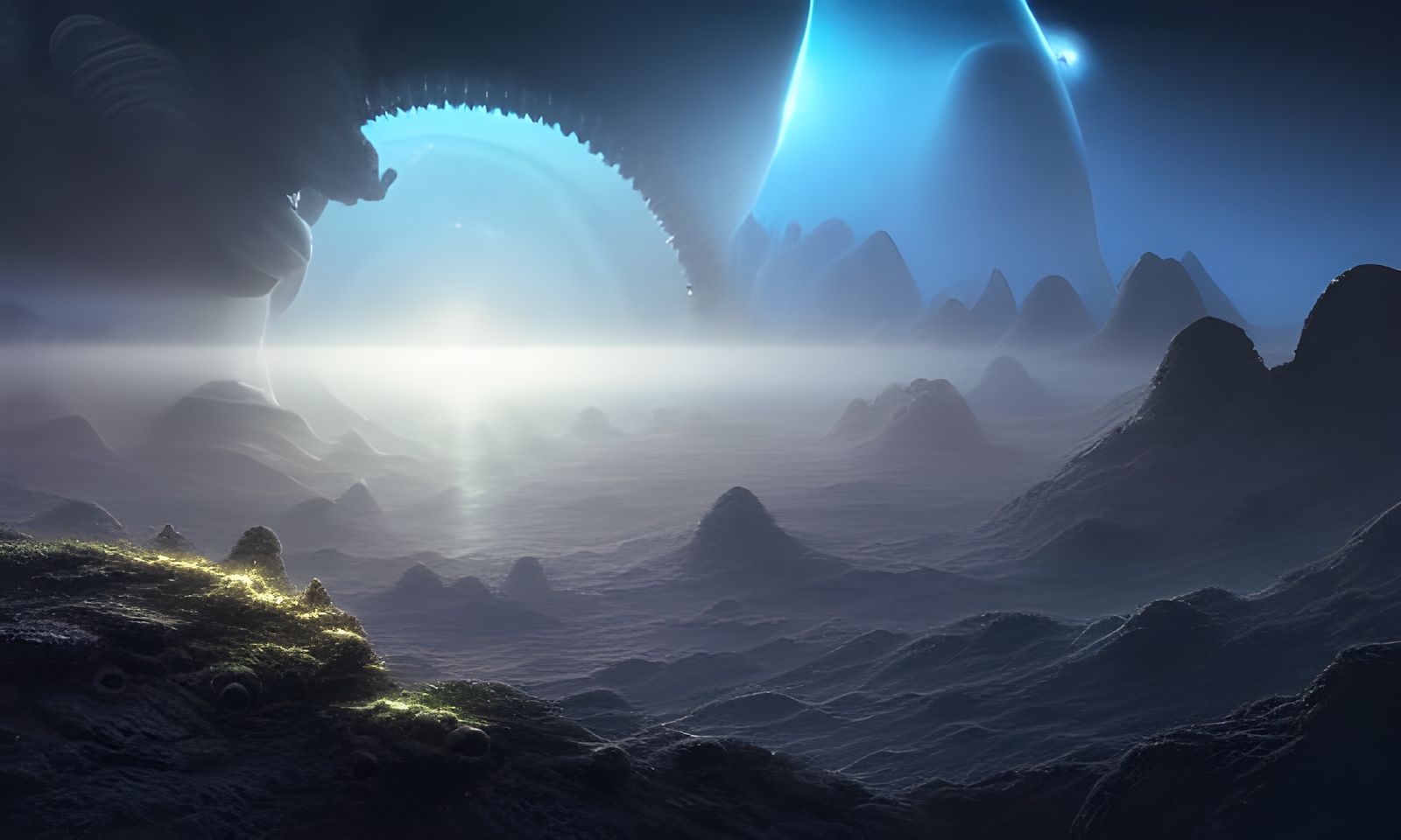 Dramatic Alien Landscape with Spiral Galaxy View