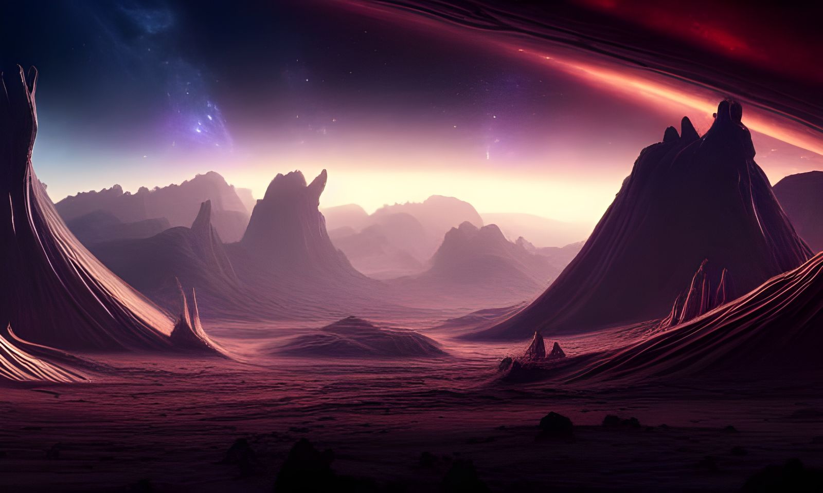 Epic Alien Landscape with Spiral Galaxy