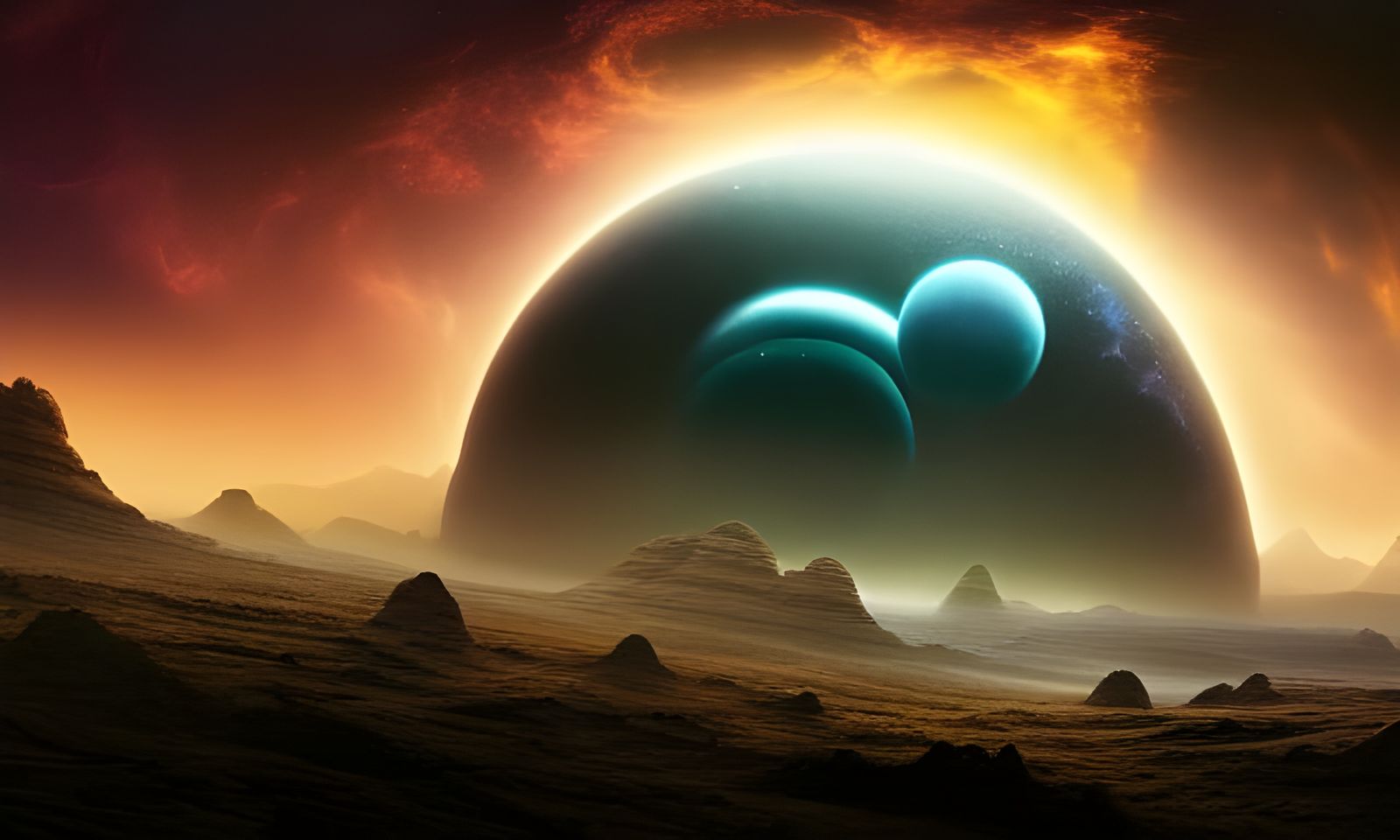 Spectacular Alien Landscape with Spiral Galaxy View