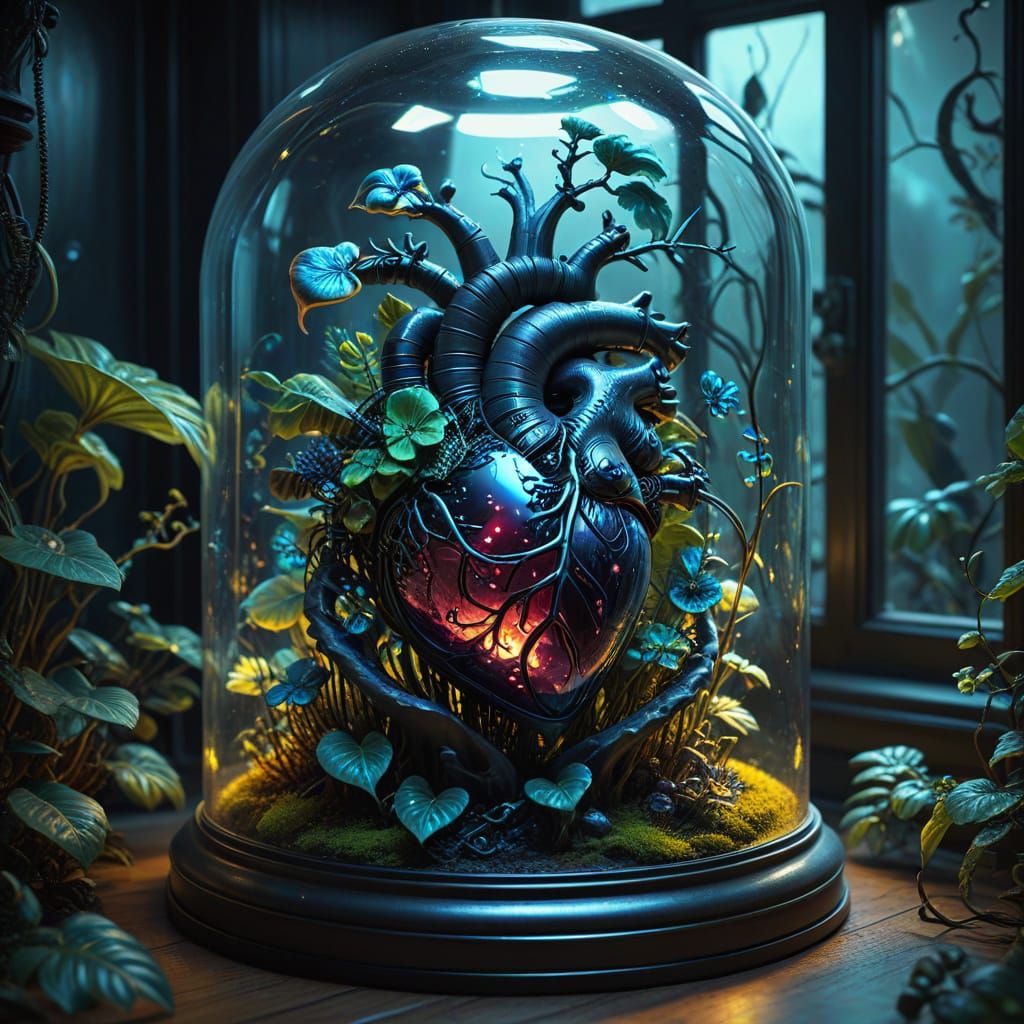 Surreal Clockwork Heart in Glass Case Oil Painting