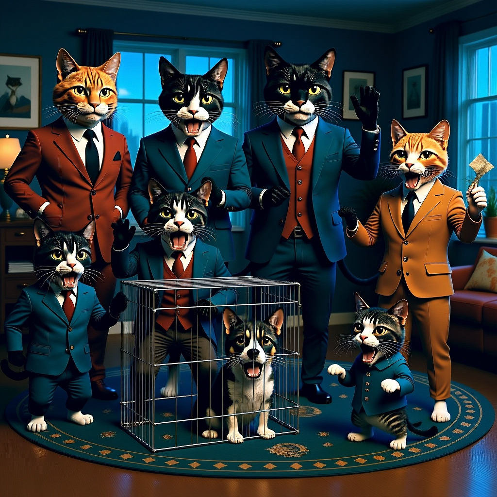 Anthropomorphic Cat Family Argument in Cartoon Style