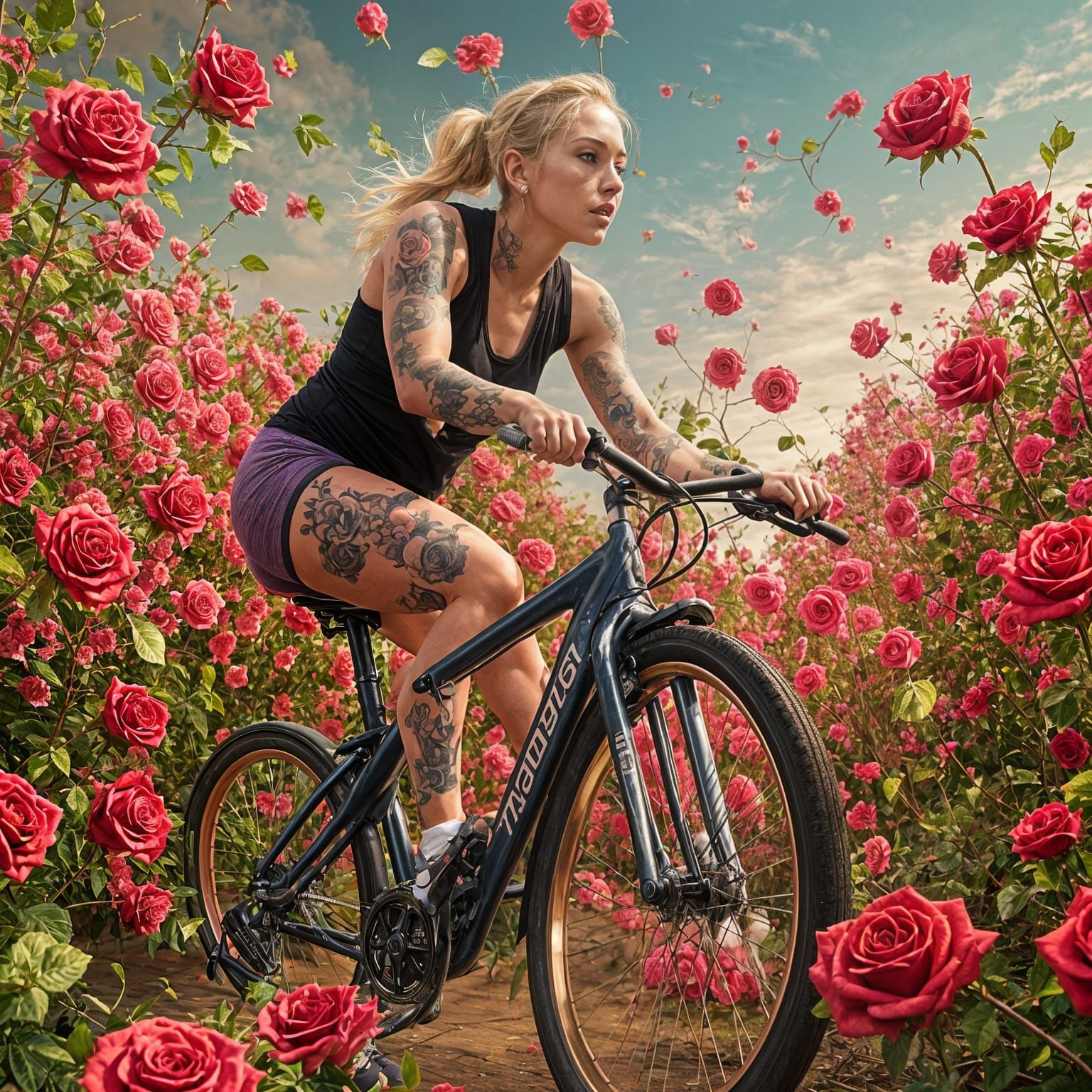 Sweaty Woman's Workout with Roses and Money