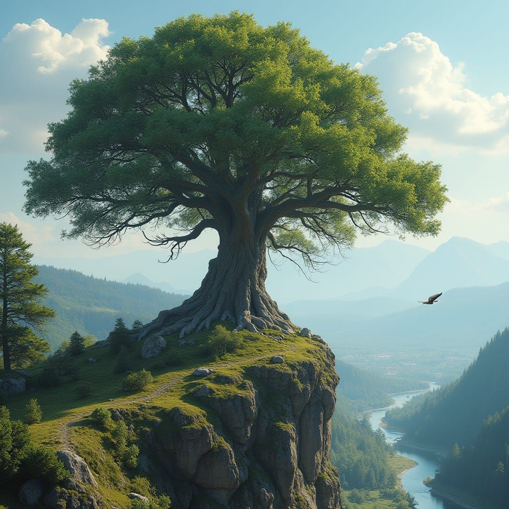 Majestic Elm Tree in Rocky Outcropping, Hyperrealistic Style