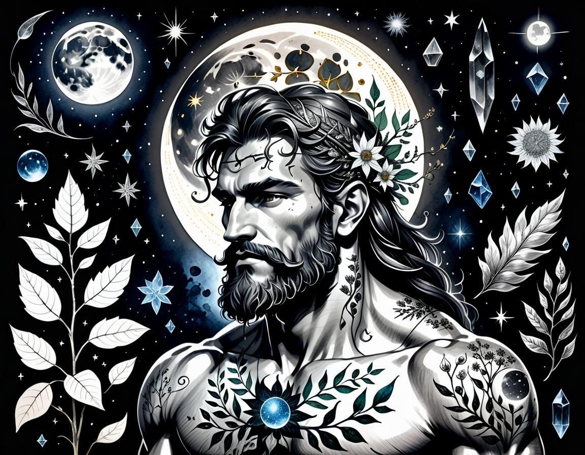 Botanical Ink Drawings with Druid, Moon, Sun and Stars