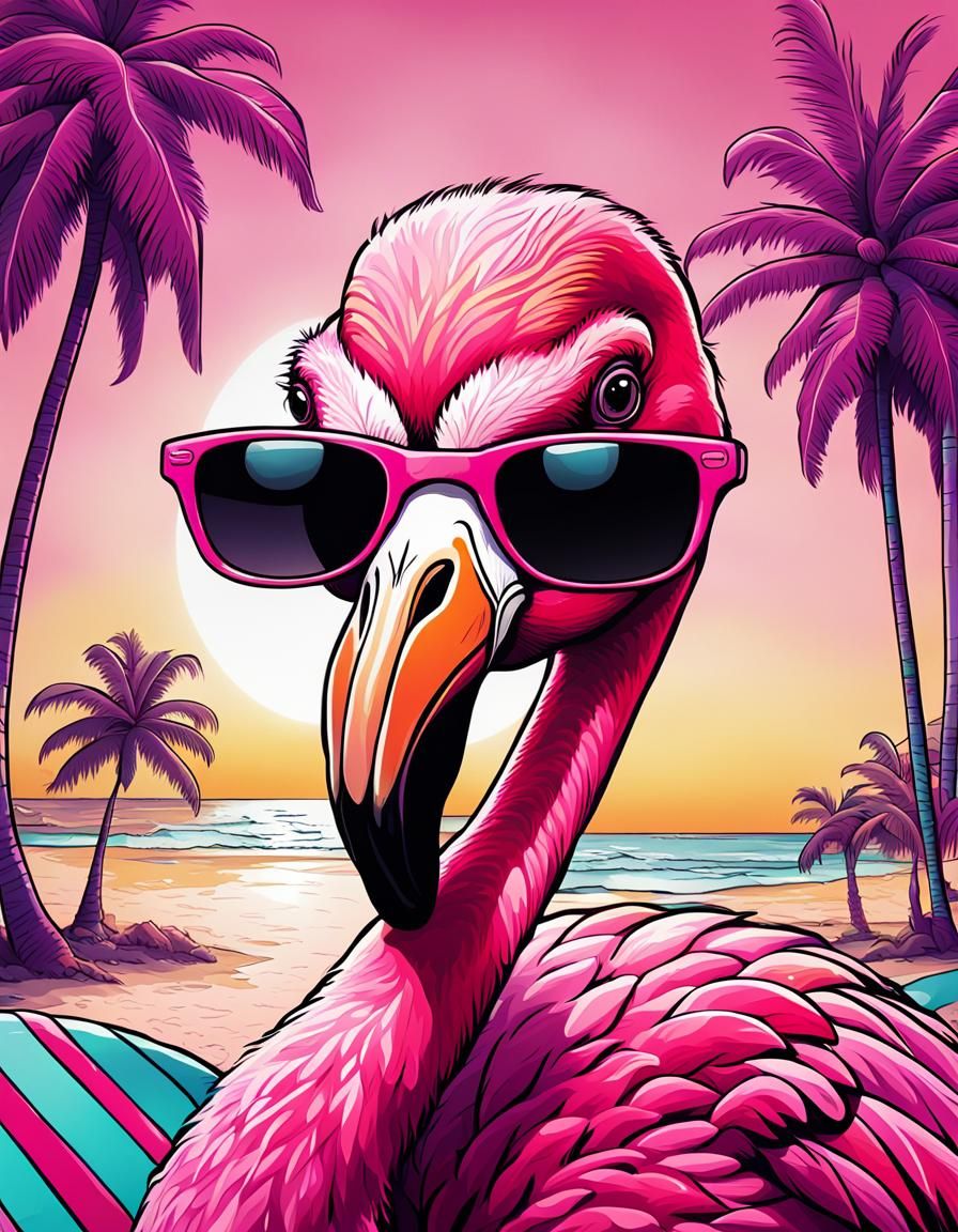 Funny Flamingo with Sunglasses in Pop Art Style