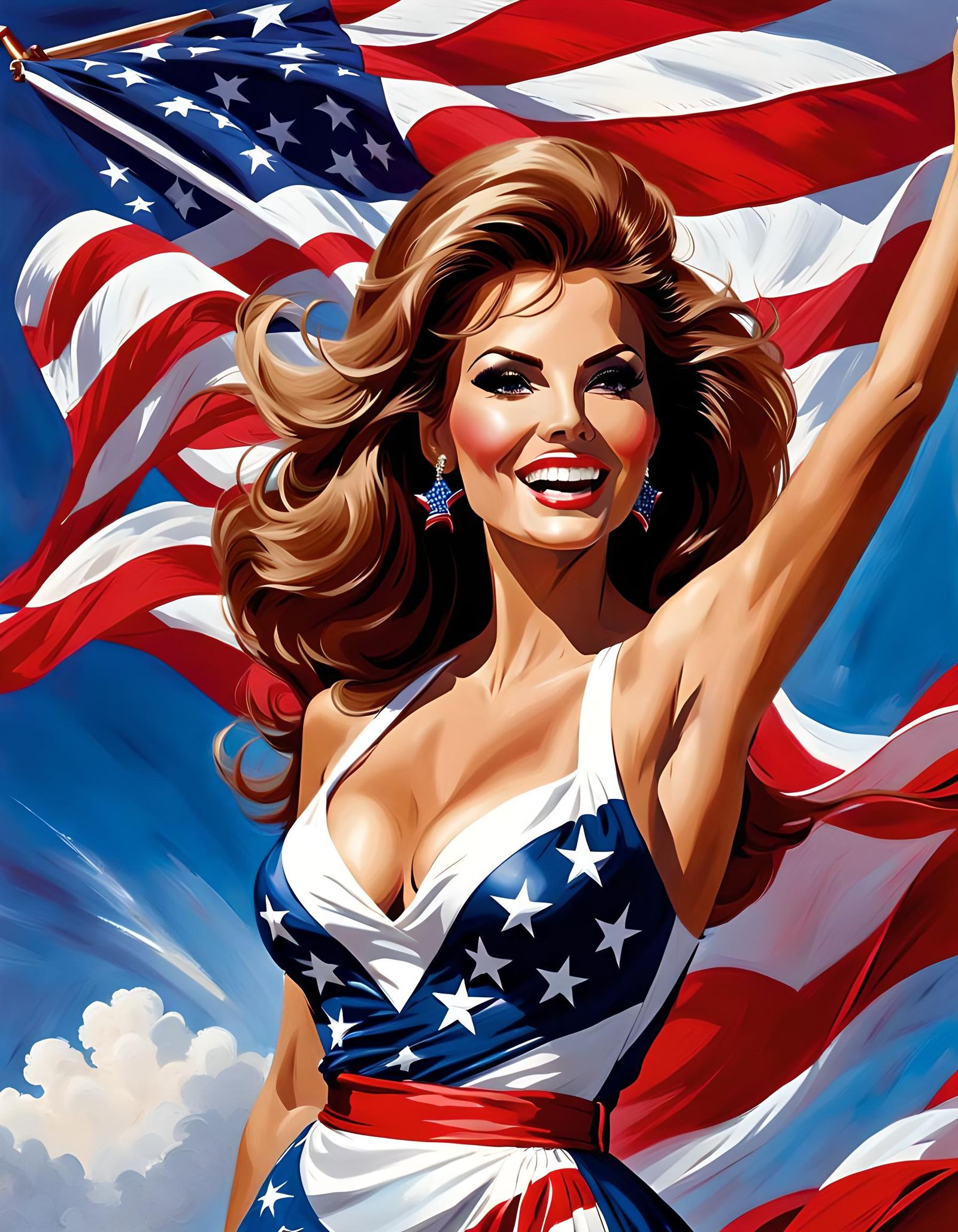 Patriotic Raquel Welch Portrait with American Flag