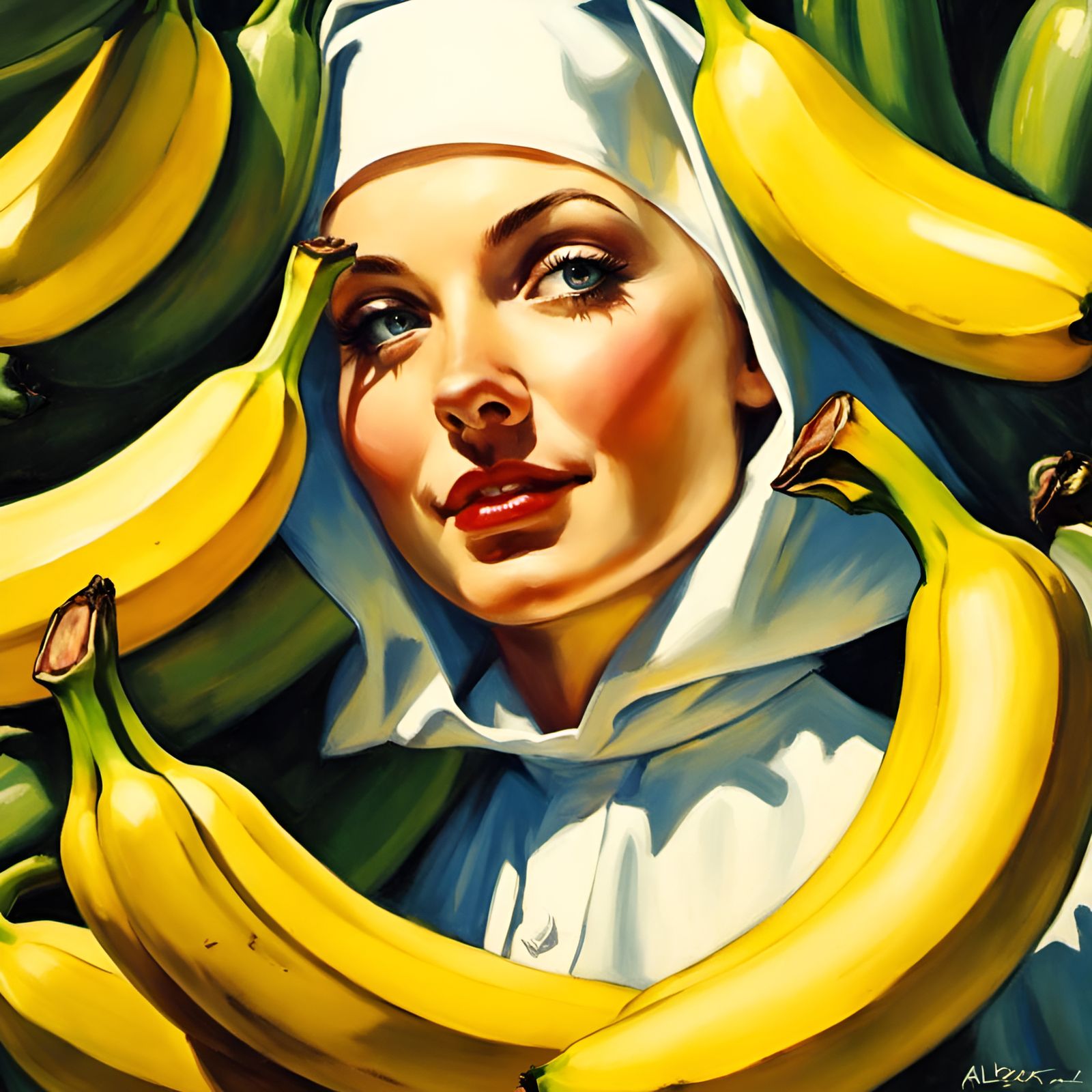 Flirty Nun Surrounded by Bananas, Hyperrealistic Pin-Up Art