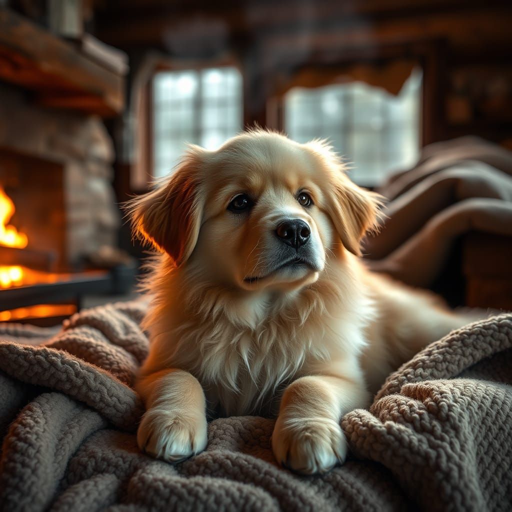 Cozy Cabin Scene with a Laid-Back Golden Dog