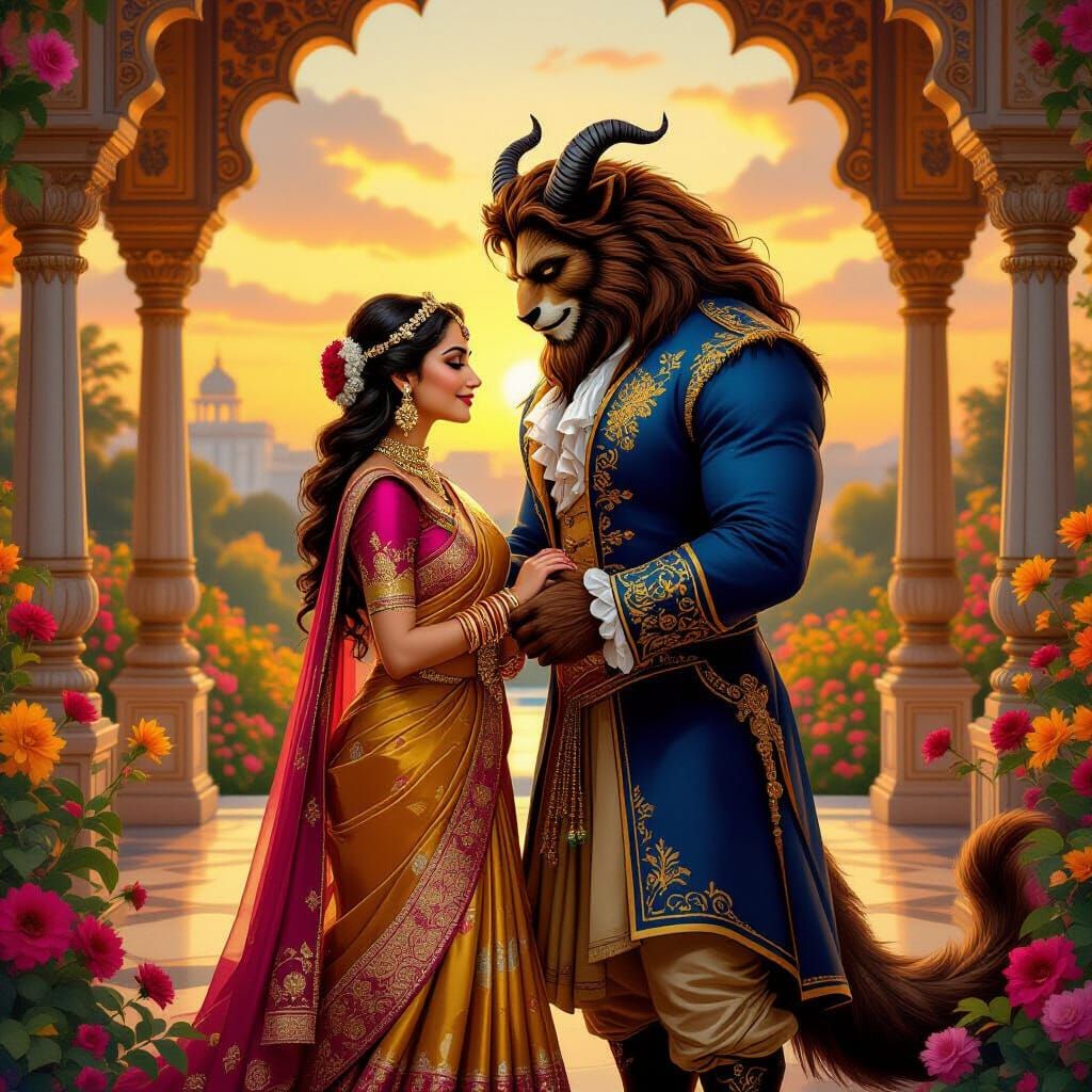 Belle and Beast in Indian Palace Garden at Sunset