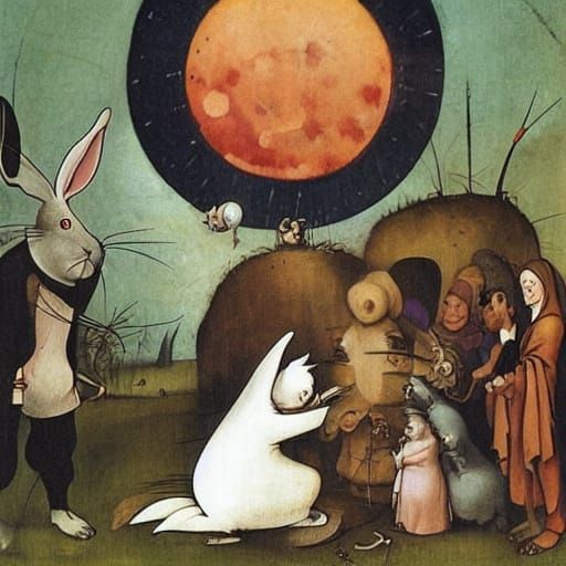 Surreal Rabbit Figure: Bosch and Ghibli Inspired