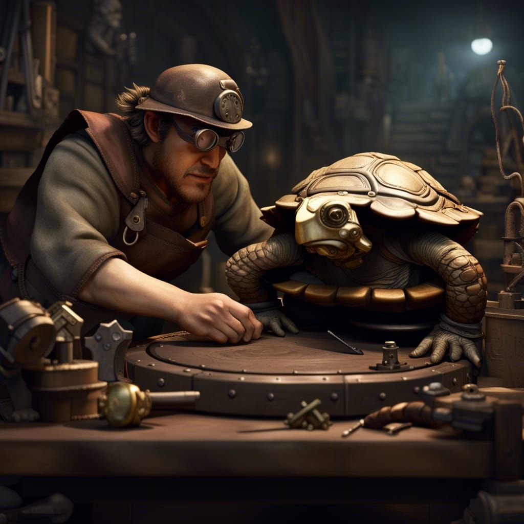 Tortle Artificer in Workshop: Hyperrealistic Dark Fantasy