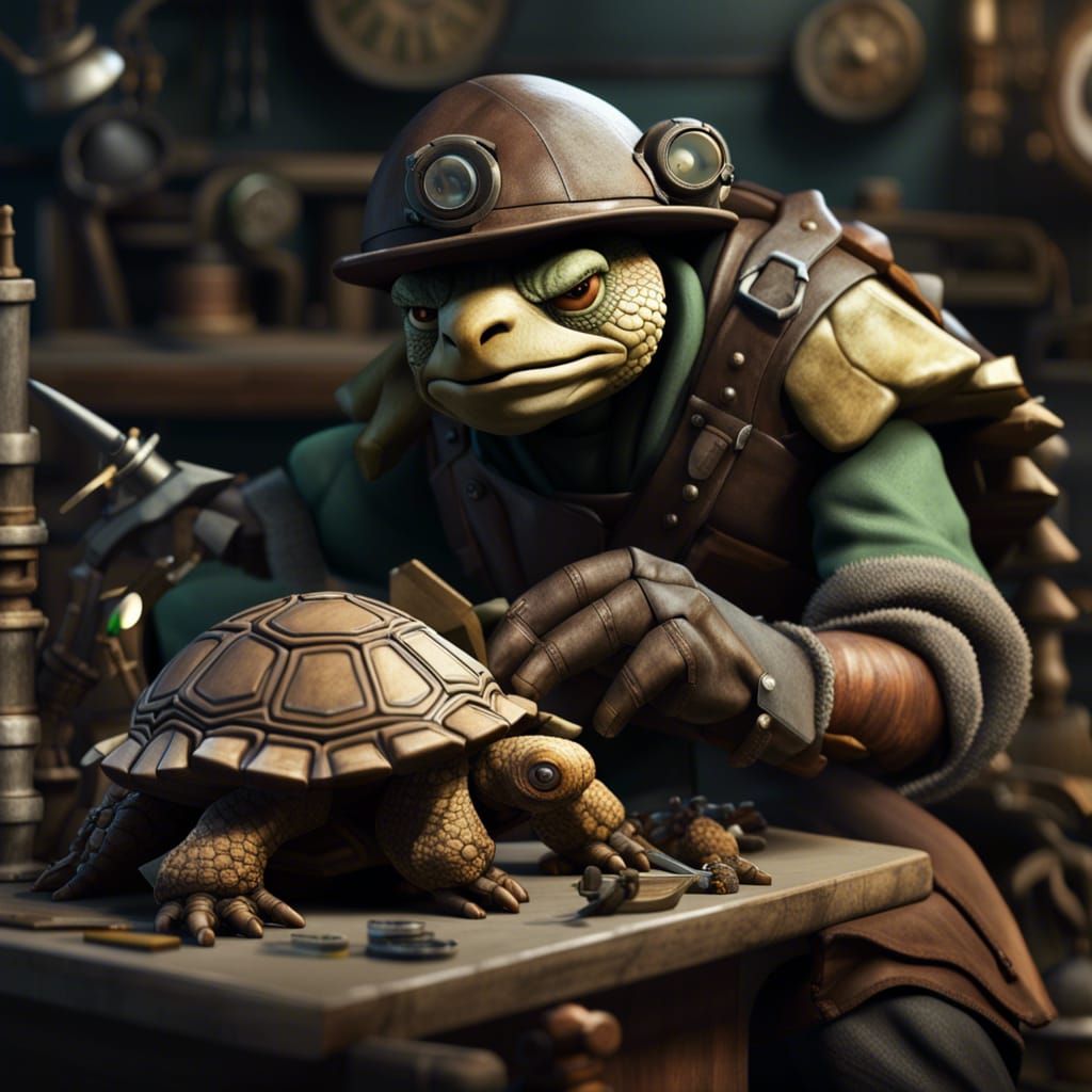 Tortle Artificer in Workshop: Hyperrealistic Dark Fantasy