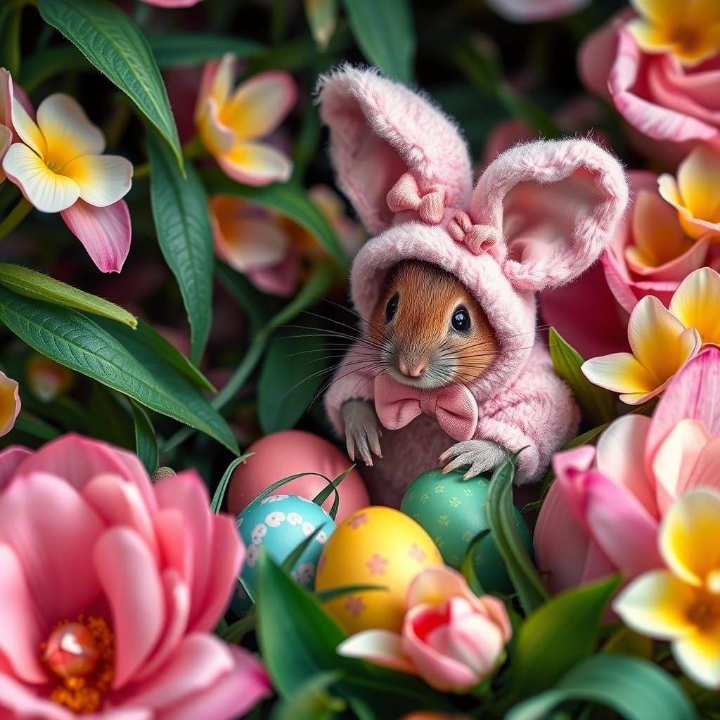 Mouse in Vibrant Floral Garden, Wearing Pastel Pink Easter B...