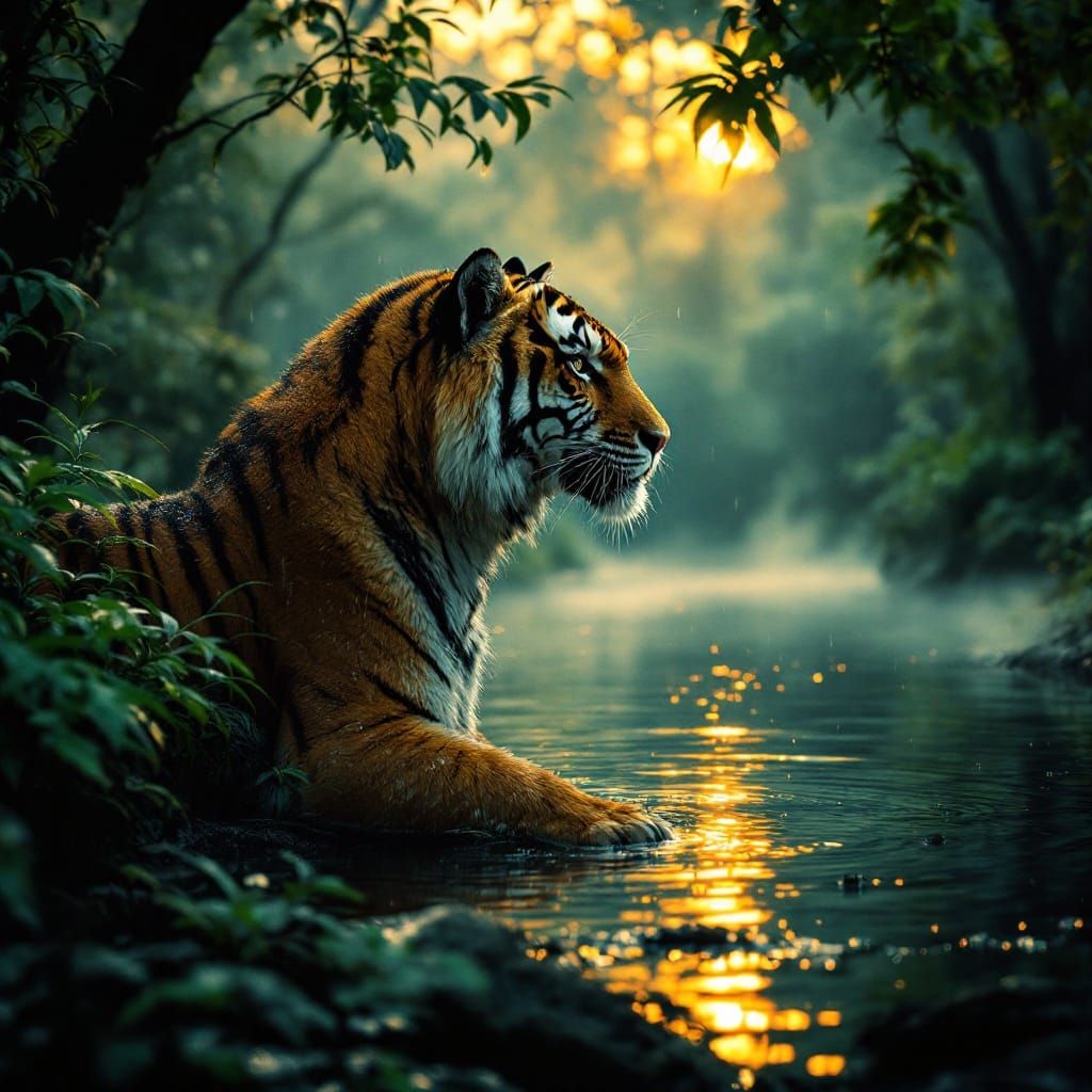 Small Tiger in Rainforest with Cinematic Lighting