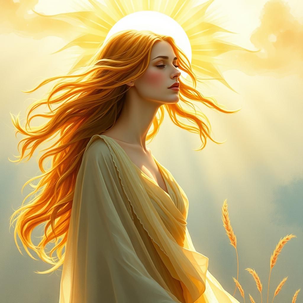 Sól: Norse Sun Goddess Radiating Warmth in Watercolour Style