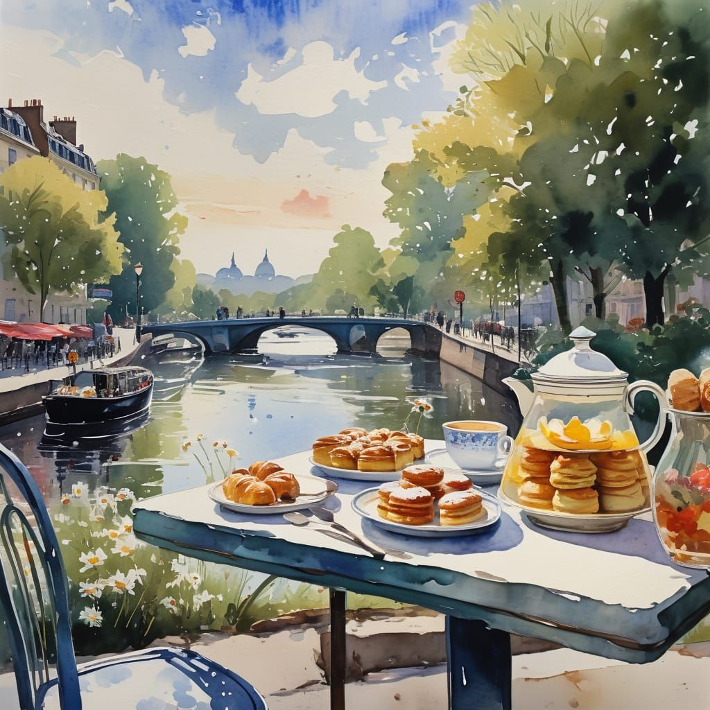 Parisian Cafe at Sunset in Gouache Style