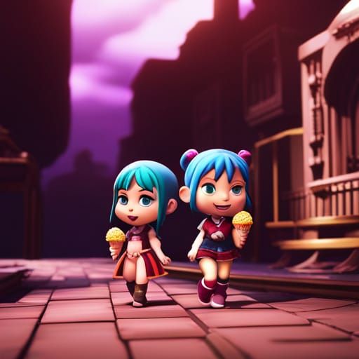 Chibi Girls Enjoying Ice Cream: Detailed Digital Art