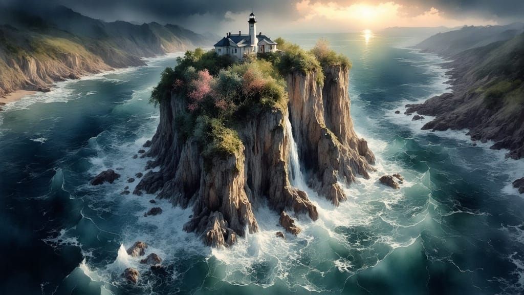 Lighthouse on Cliff Edge with Wildflowers in Dramatic Light