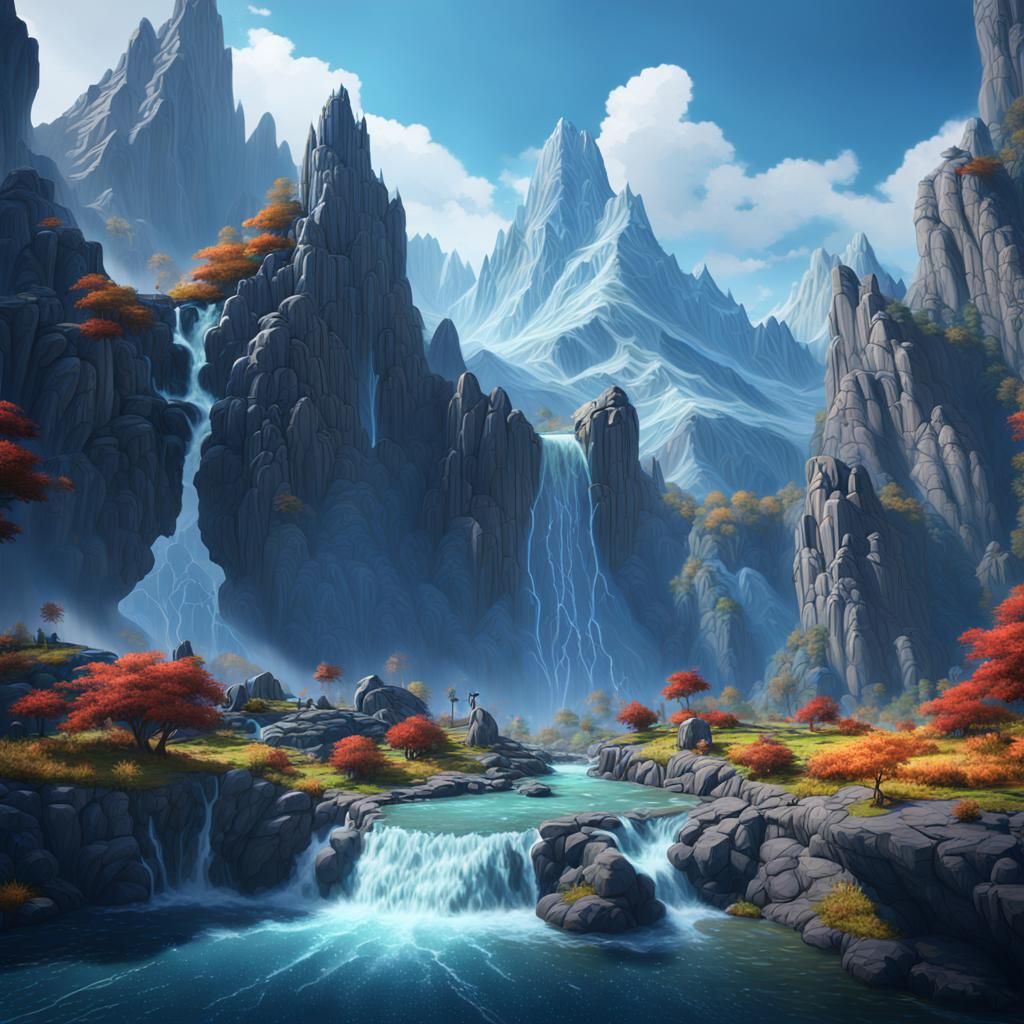 Fantastical Waterfall and Mountains Matte Painting