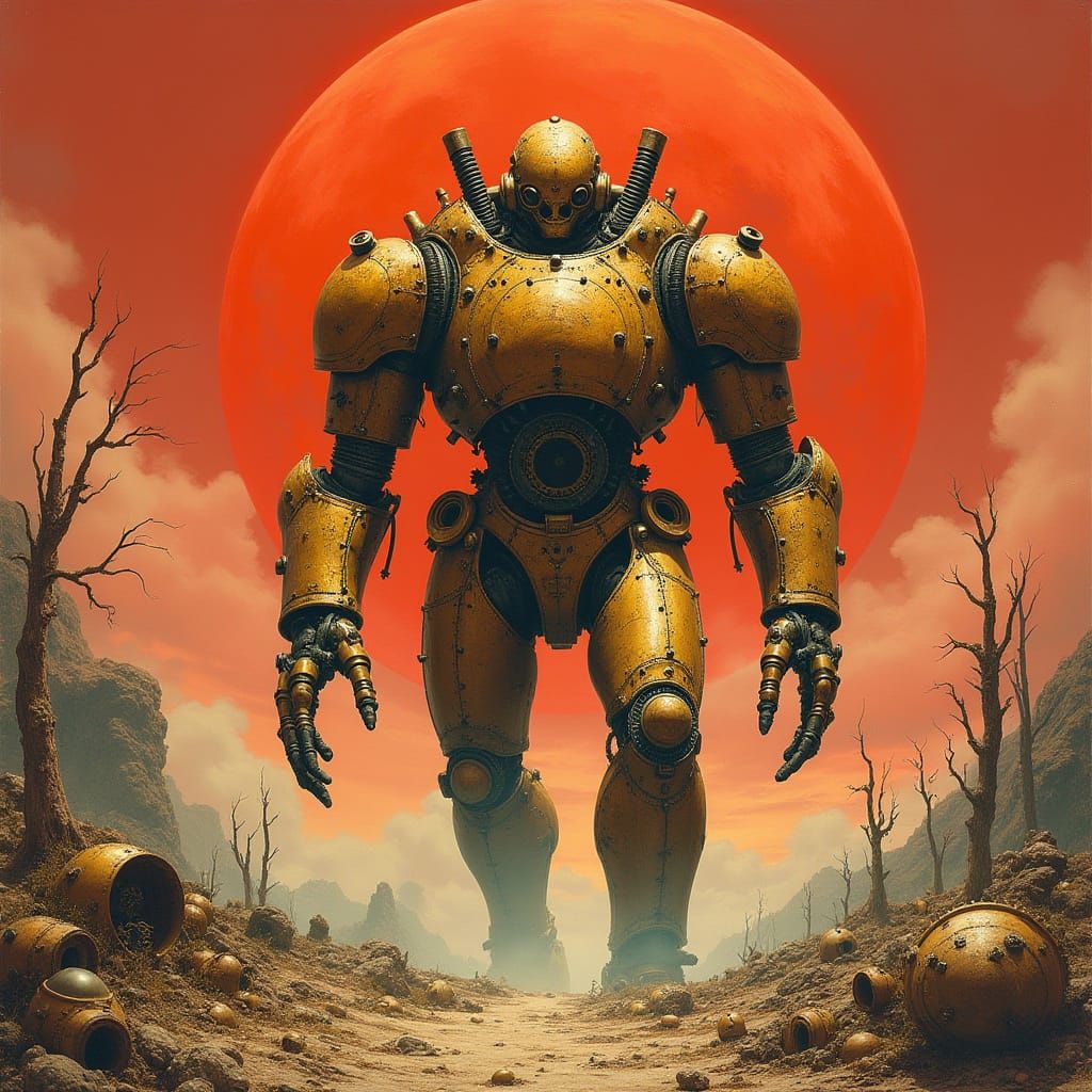 Colossal Steampunk Automaton in a Desolate Alien Landscape