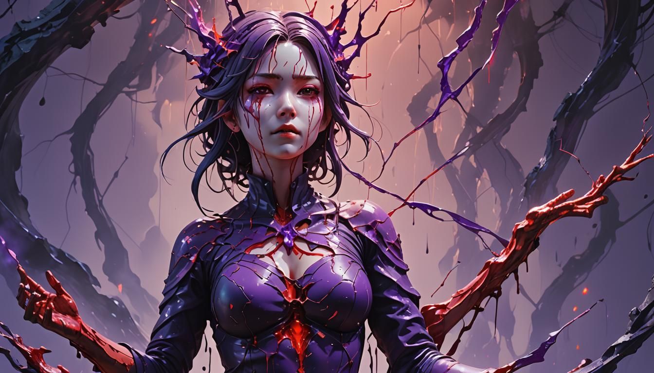 Cracked Magic Statue with Neon Aura, Anime Style