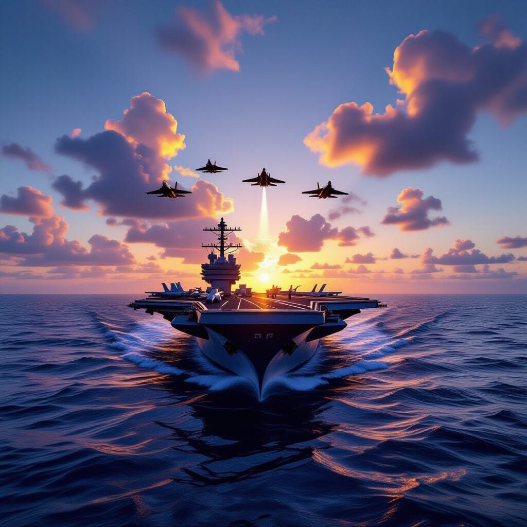 US Aircraft Carrier Launching Jets at Dawn