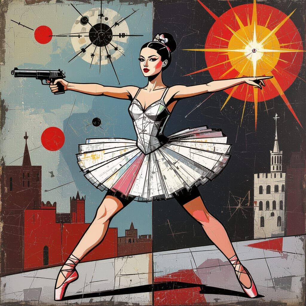 Ballerina in Soviet Style Amidst Chaos, Warli Lines & Graffi...