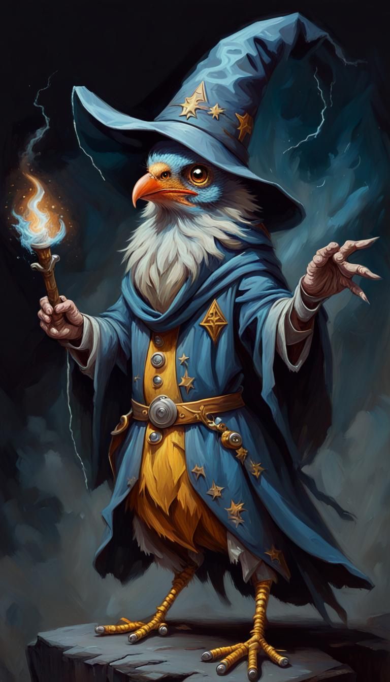 Whimsical Bird Wizard in Oil Painting Style