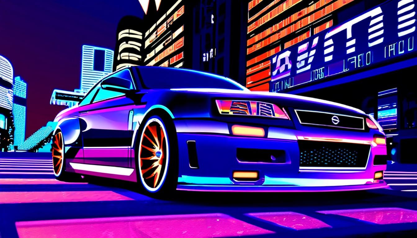 Futuristic Nissan Car in Neon Cityscape