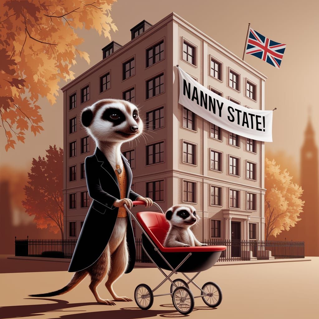 Meerkat Mother in London Tenement Block, Caricature Style