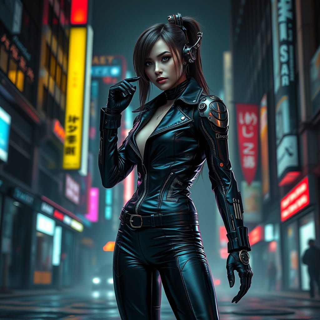 Neon Noir Cyborg in Dark Cityscape
