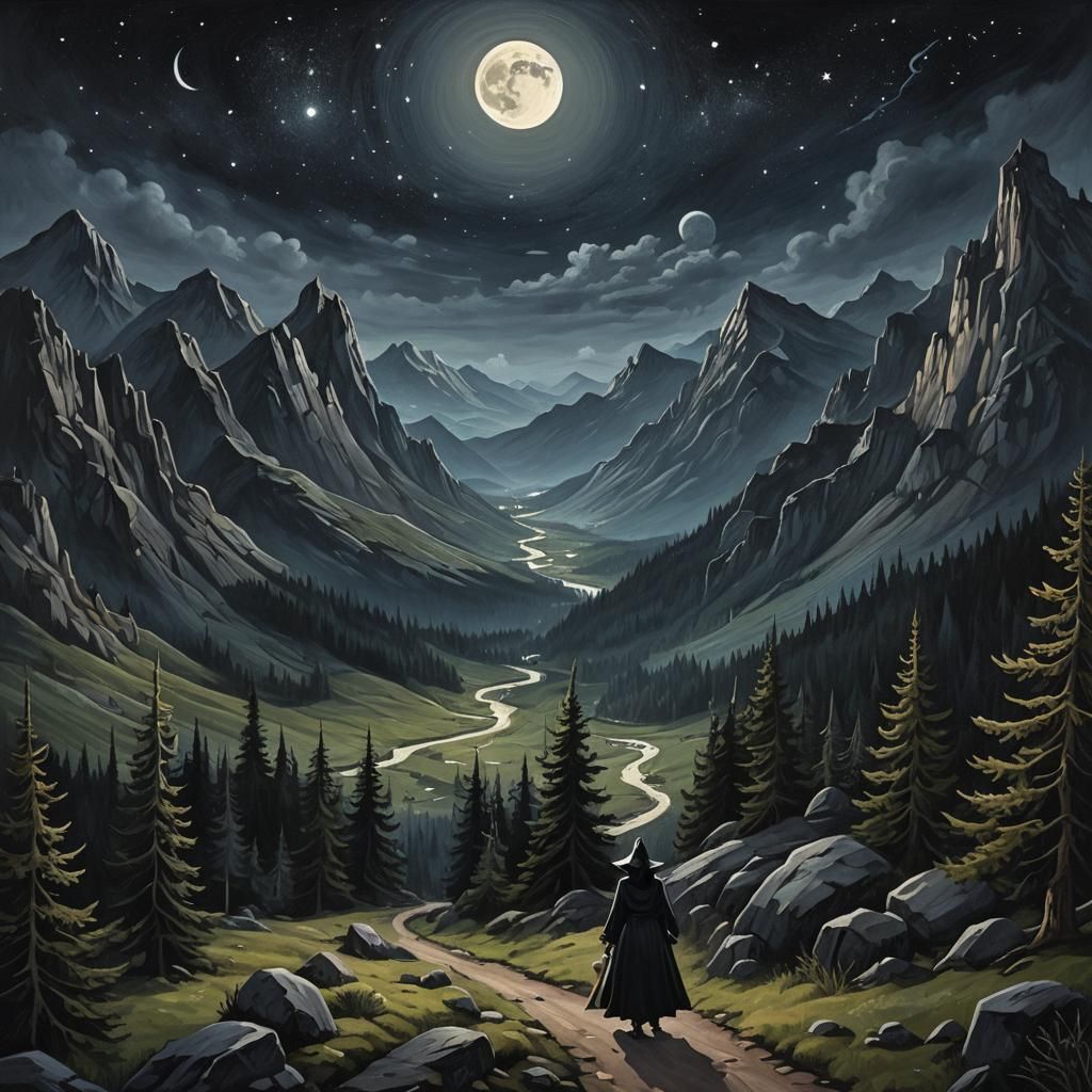 Witch on a Dark Mountain Path at Night