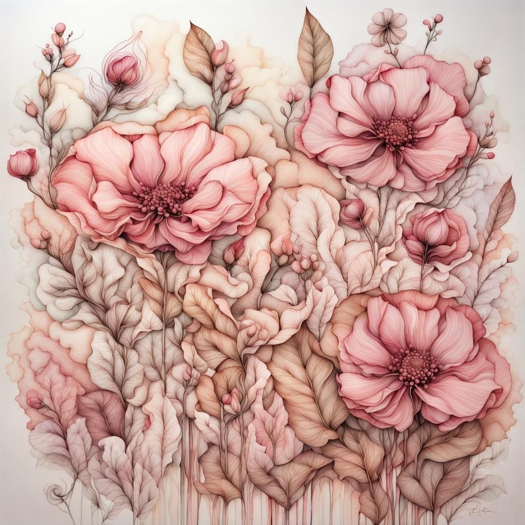 Elegant Botanical Art with Ink and Pen Details