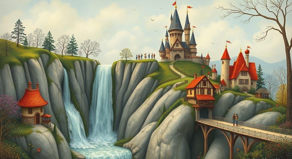 Whimsical Castle with Waterfall and Village in a Dreamlike L...