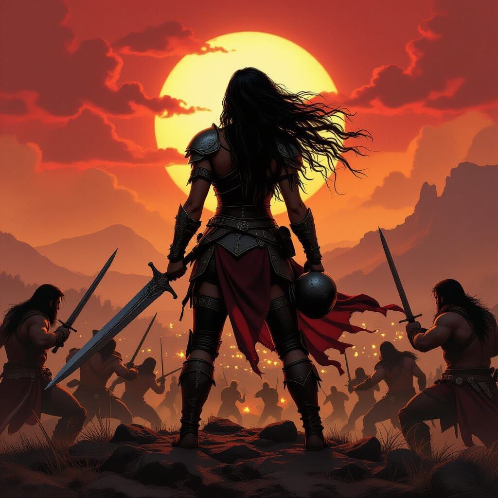 Barbarian Woman Warrior Overlooking Battle Carnage
