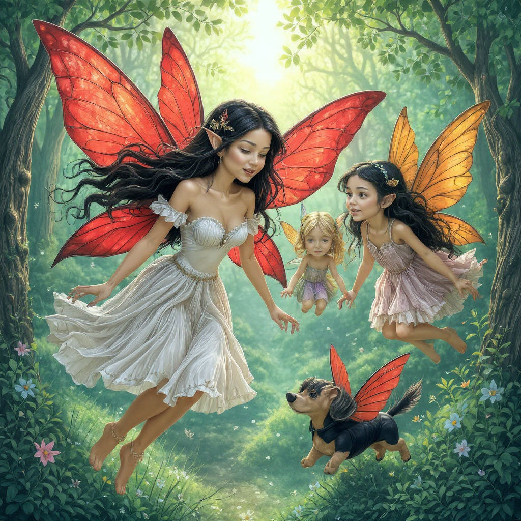 Fairies and a Flying Dachshund Over Enchanted Forest