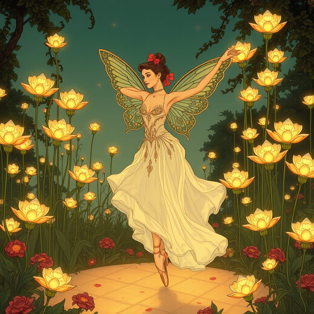 Art Nouveau Ballerina in Enchanted Bioluminescent Garden