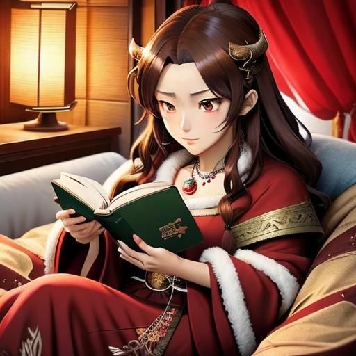 Woman Reading to Child in Viking Bed, Anime Style